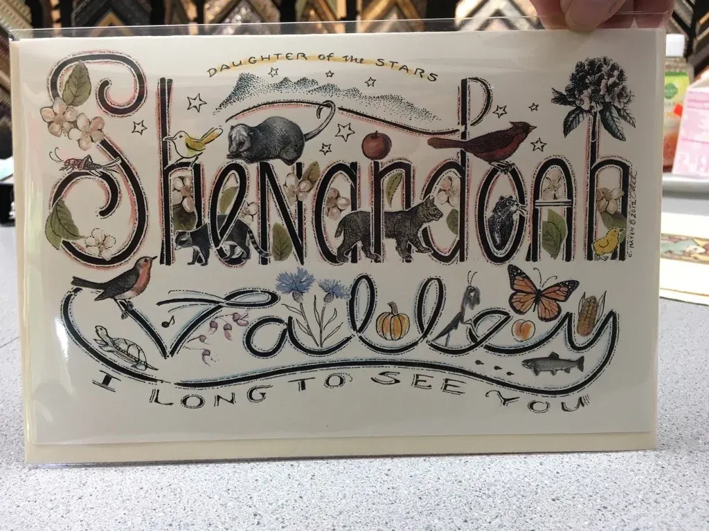 Hand-lettered Shenandoah Valley print decorated with birds, butterflies and wildflowers